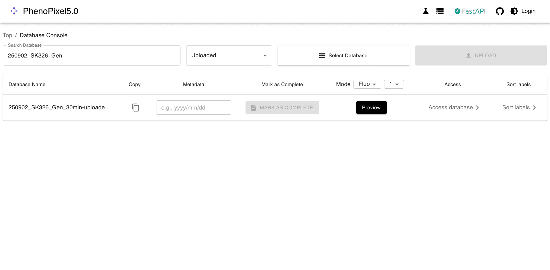 データベースコンソールのスクリーンショット